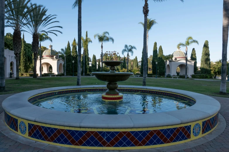 a fountain with palm trees and water in the background