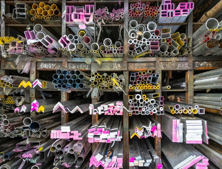 a large assortment of different colored pipe holders in an industrial warehouse