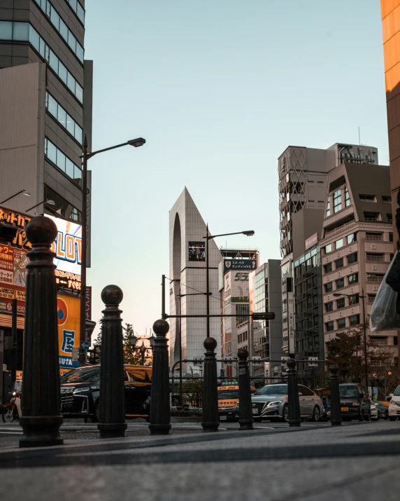 city streets with some tall buildings in the distance