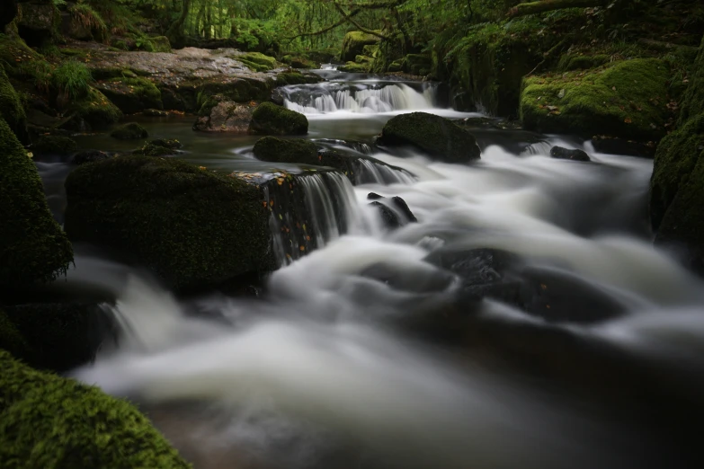 the waterfall in the woods has lots of water