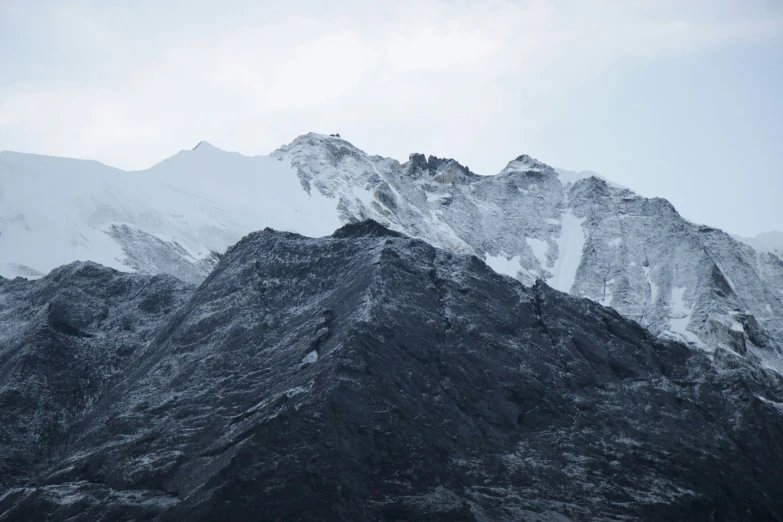 the large mountains covered in snow under a cloudy sky