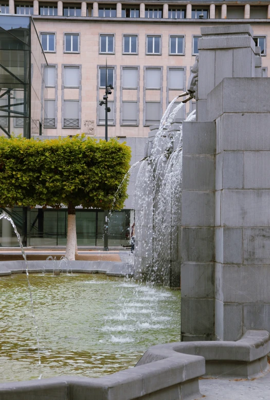 an outdoor water feature and fountain with two plants