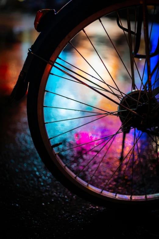 an illuminated bicycle wheel with colorful rain drops