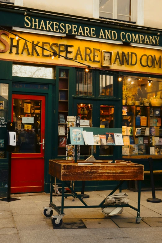 a stand outside shakespeare and company in a town