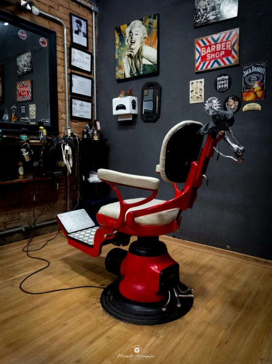 a barber shop is decorated with vintage signs and a retro hair salon