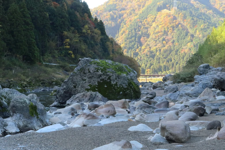 a rocky river with snow on the ground