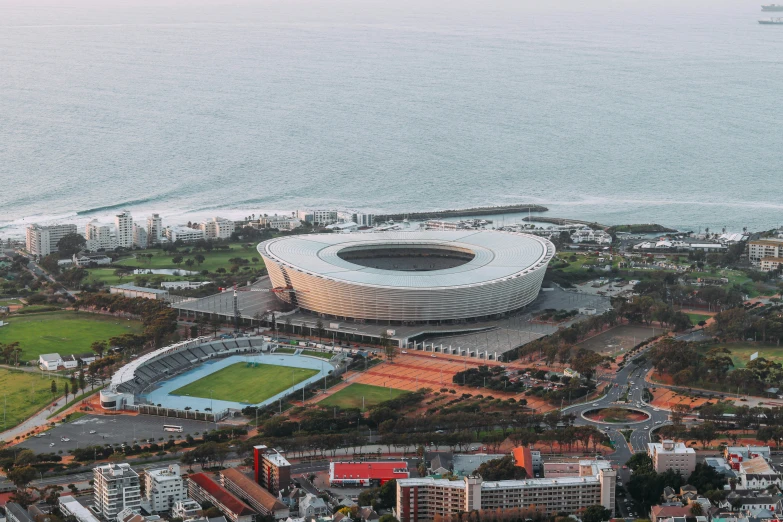 a high view of a soccer stadium is shown