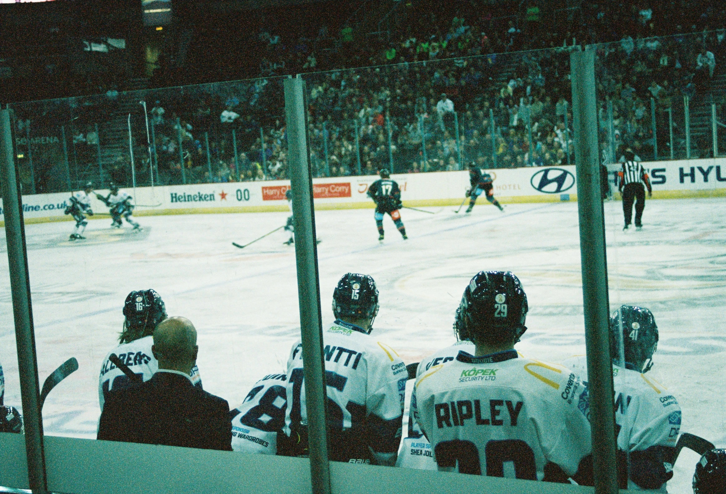 people in uniform look out over an ice hockey rink