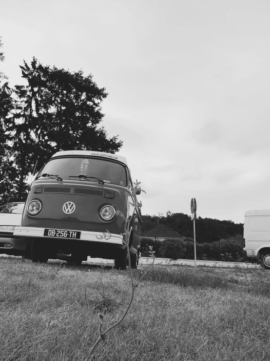 the vw bug is parked on a grassy lot