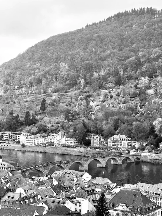 black and white pograph of city on hill with lake in foreground