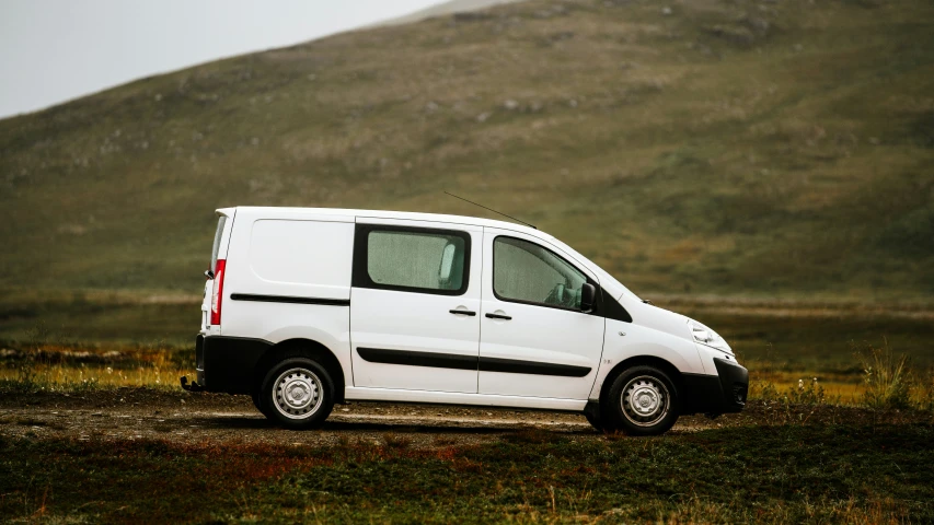 the white van is parked in the grass