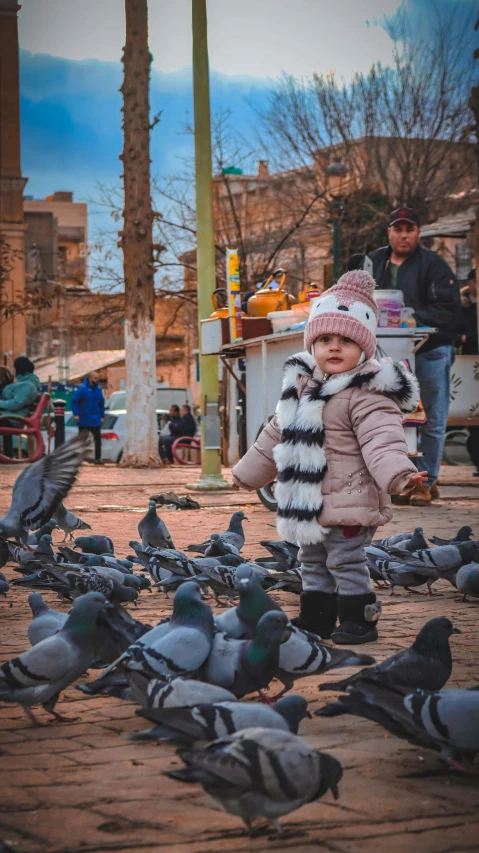 a  walking through a flock of pigeons