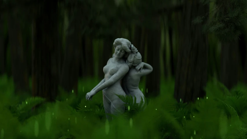 a white sculpture holding onto another body in the woods