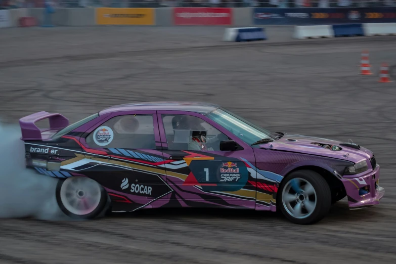 a car being drifting around an airfield while smoke is on the ground