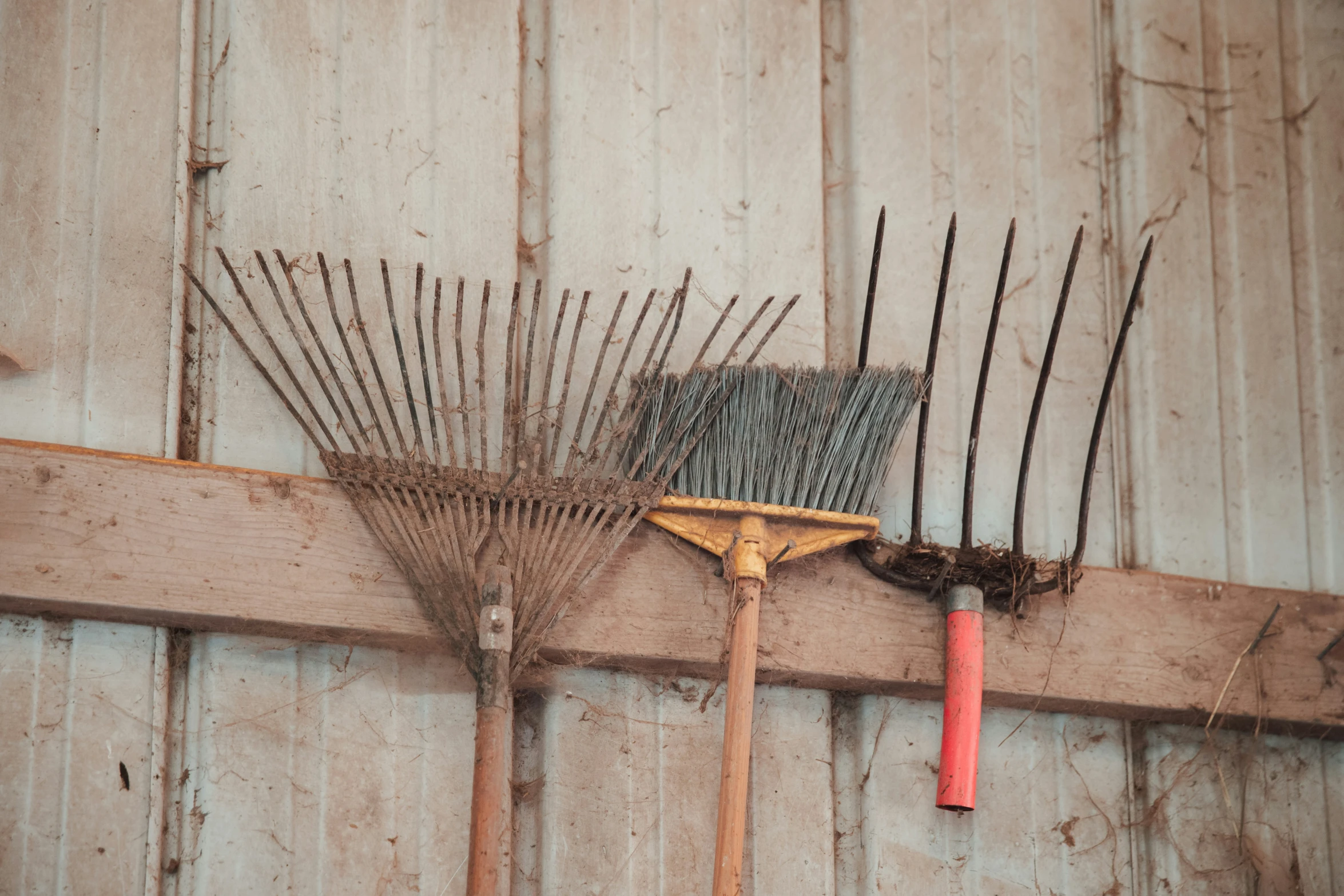 a wall holding brooms and other items on it