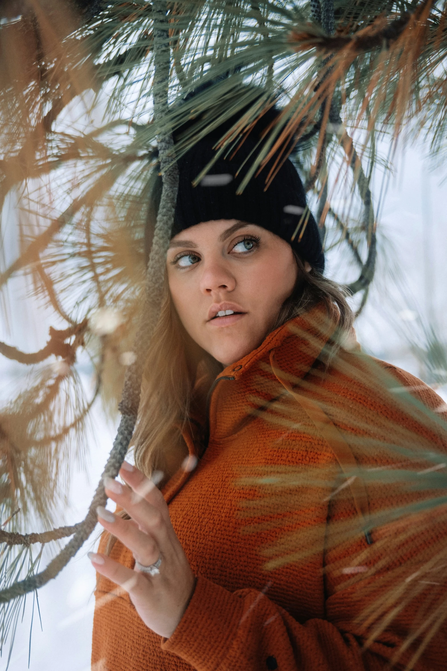 a woman standing under a pine tree in the snow