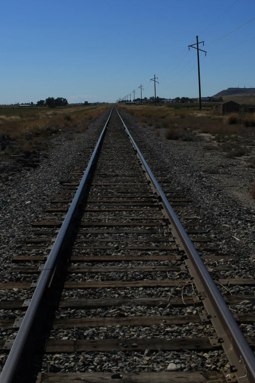 the empty railroad tracks have power lines above them