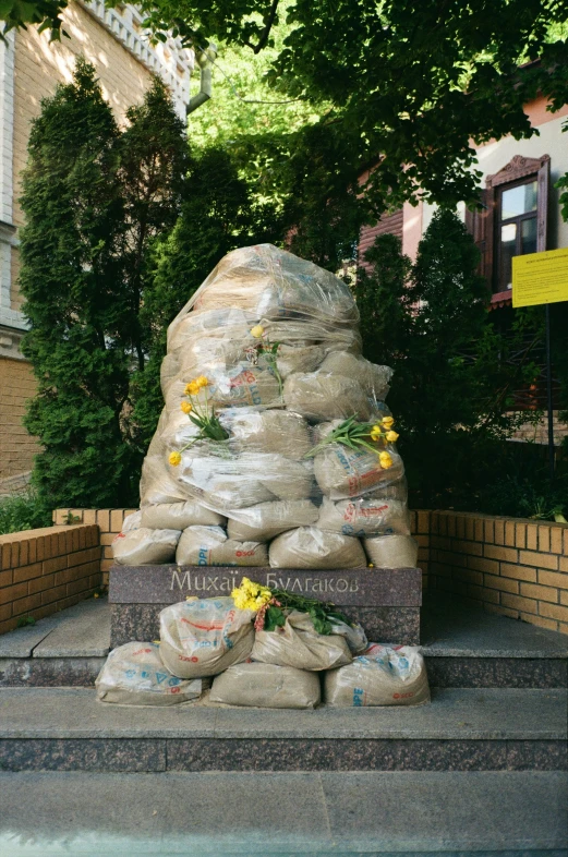 sandbags are piled on top of each other in a lot