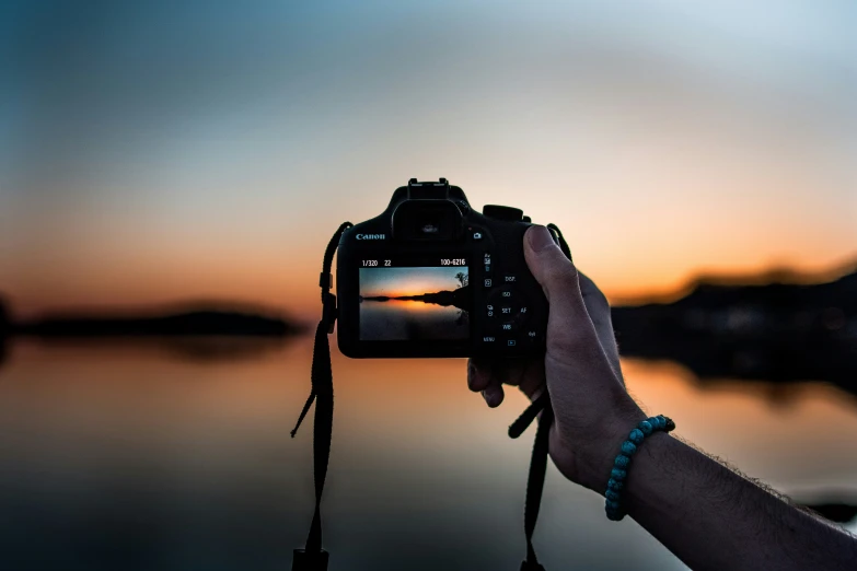 the image is taken at sunset on the lake