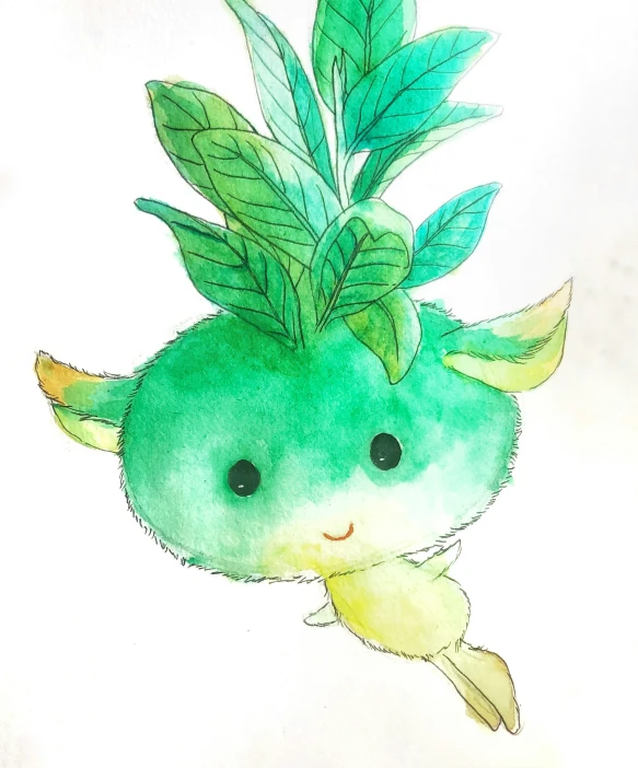 the drawing of a green and white leafed animal with horns