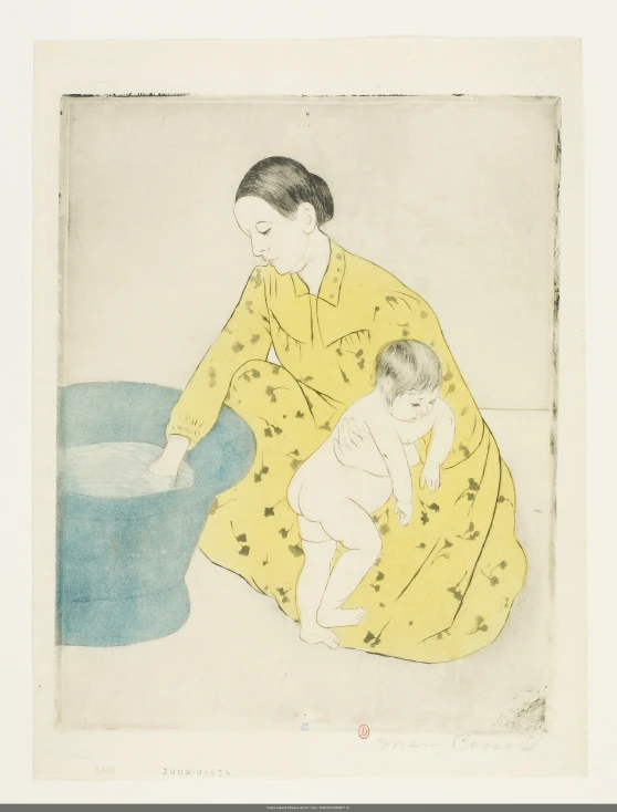 woman sitting next to child on water with container