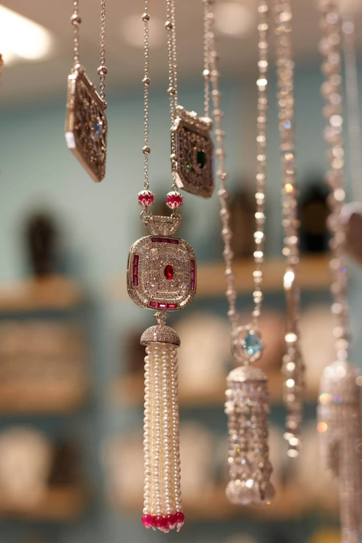 necklaces in the display case at a jewelry store