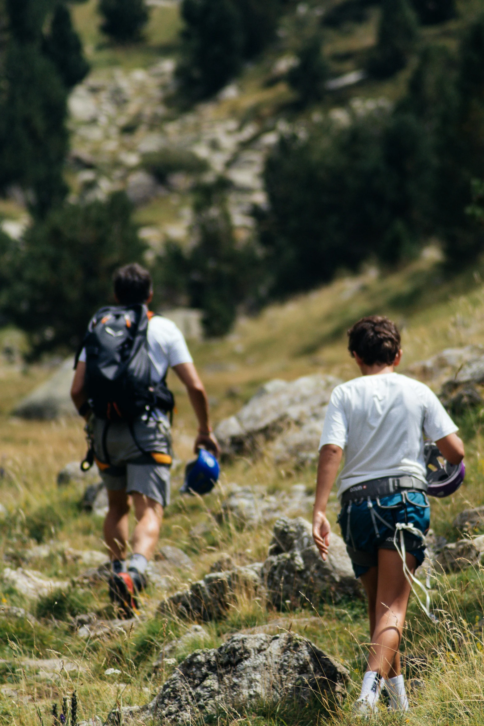 two men walking down a mountain with a backpack and frisbee