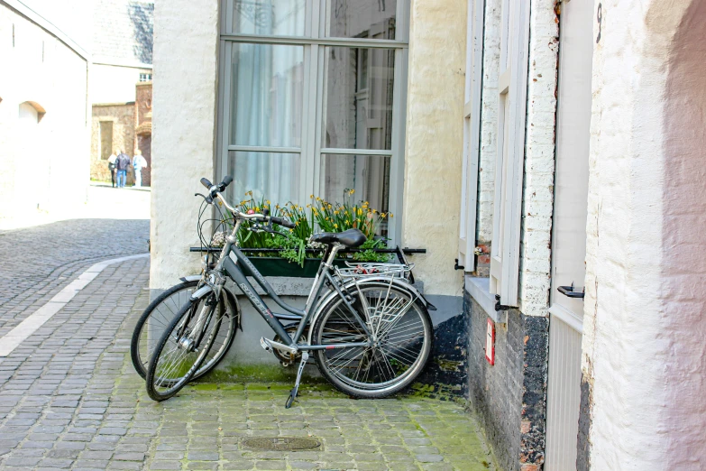 a bike is propped up against a flower box on the curb