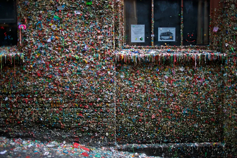 a group of colorful objects hanging on a wall