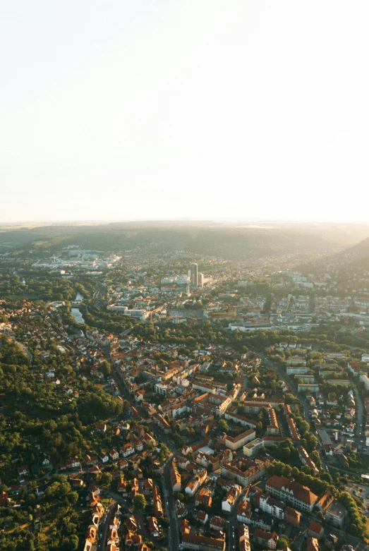 an aerial view of a town with lots of trees