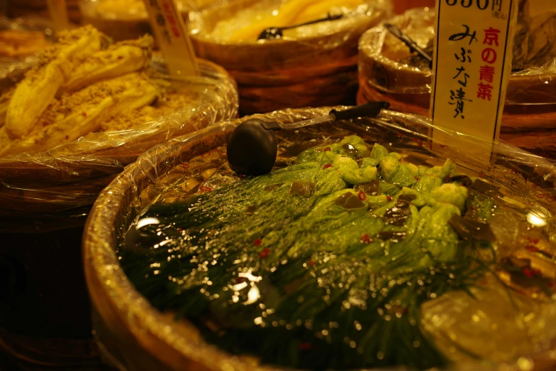 food is laid out on display in bowls