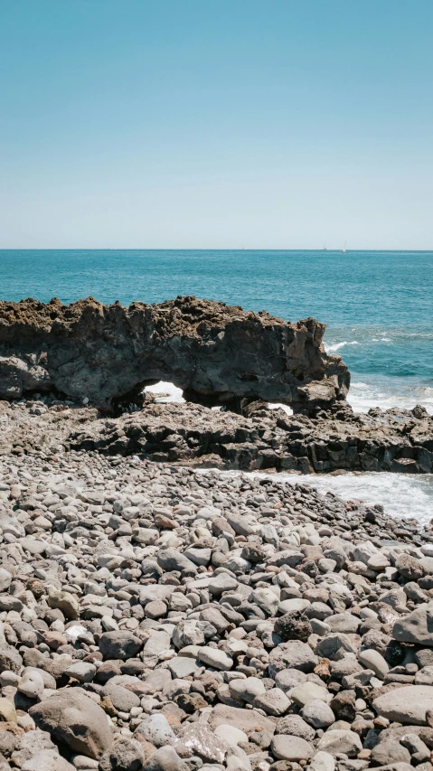 rocks, beach and ocean water on a clear day