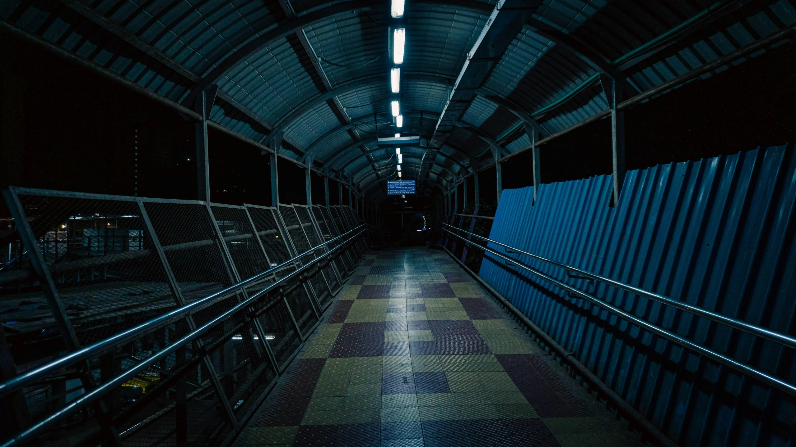 the walkway to the second floor is tiled with patterns