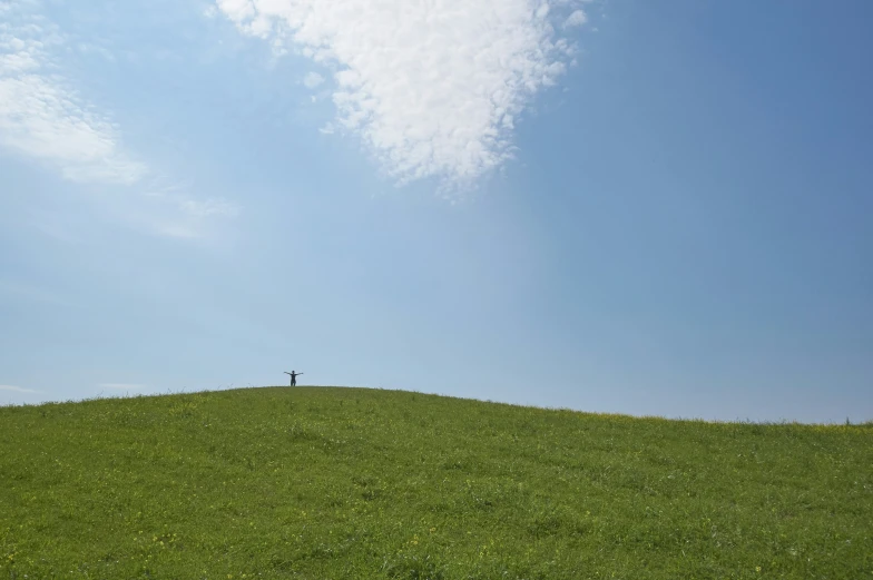 a person with a red frisbee standing on a lush green hill