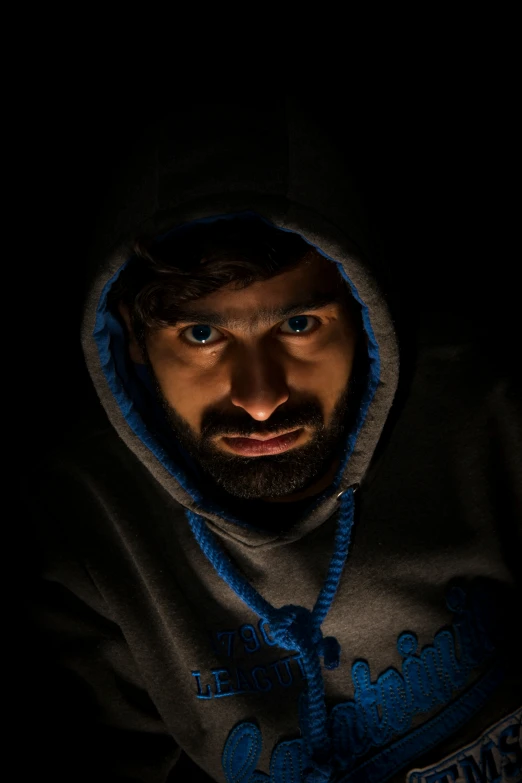 a man with a beard and blue hoodie looking at the camera