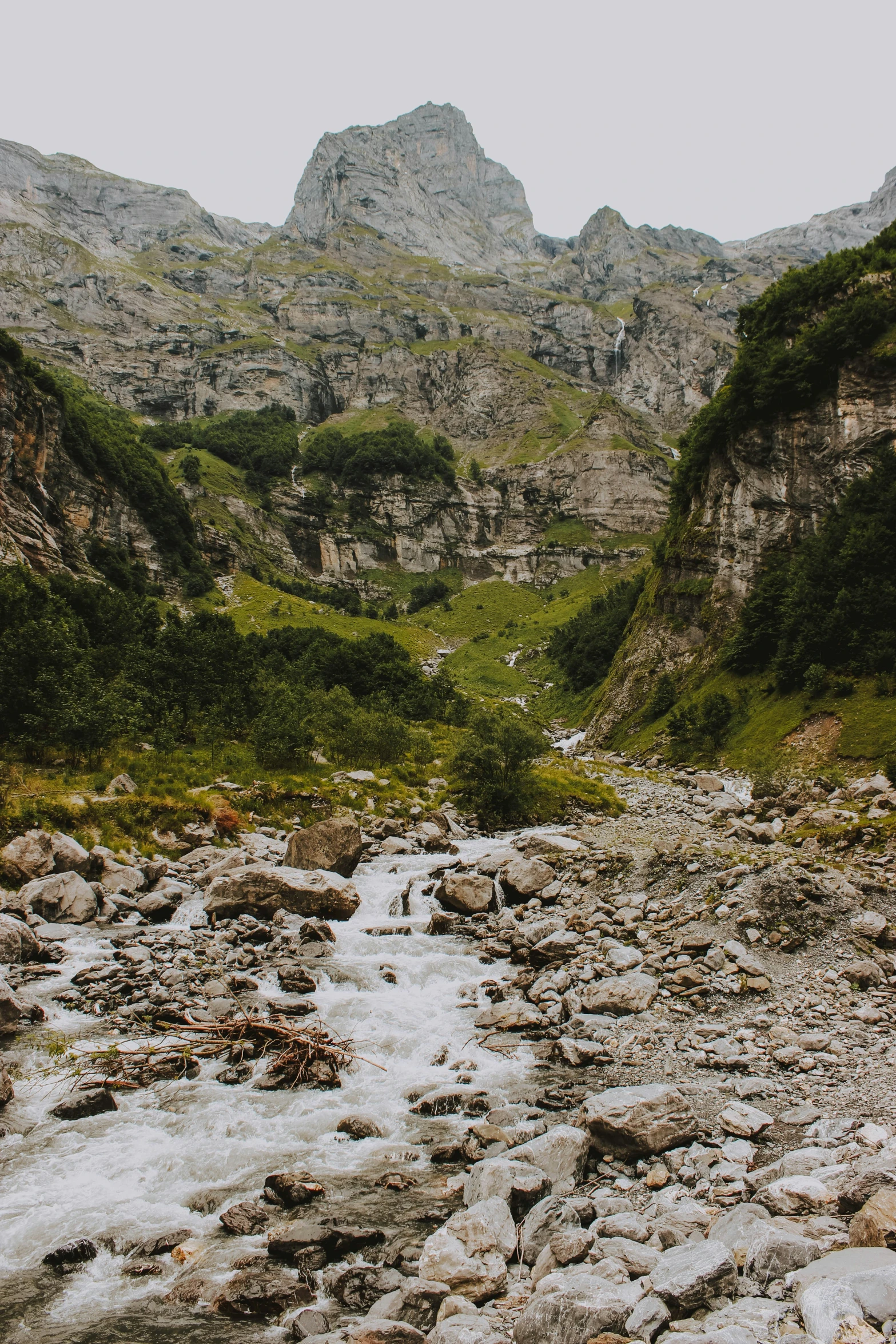 a river flows down into a valley with rocks and trees