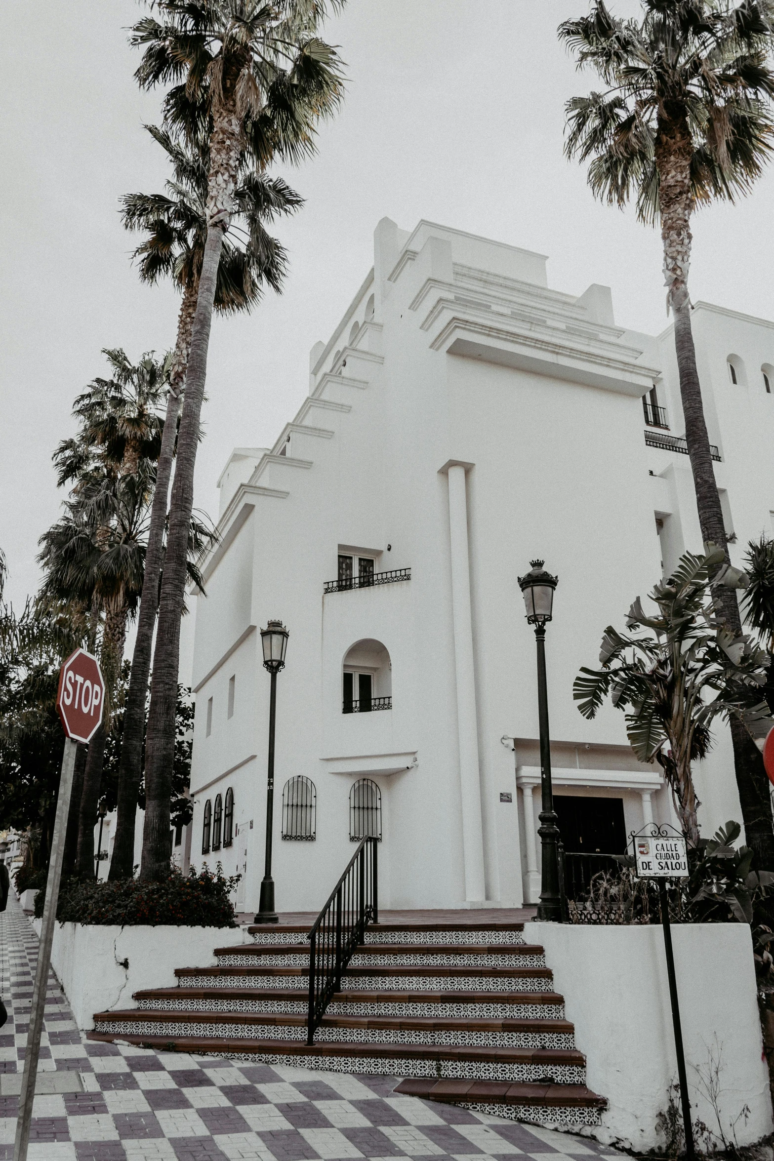 there is a white building with palm trees outside