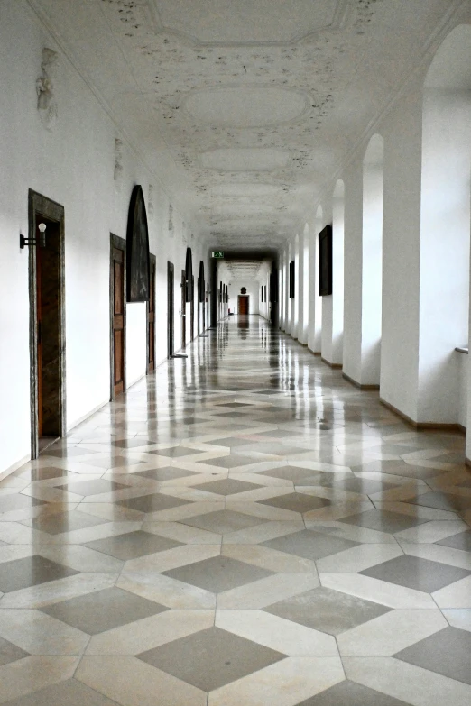 the long hallway has doors on either side of it