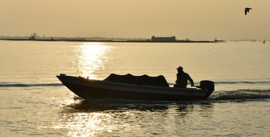 a boat on the water with a bird flying overhead