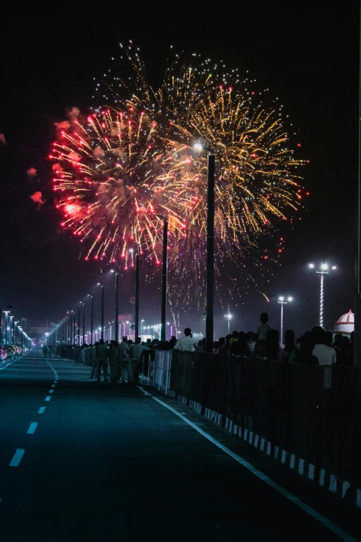 large group of people standing on walkway at night watching colorful fireworks
