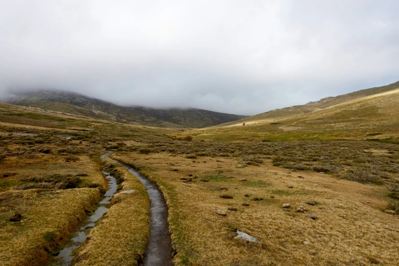 an empty road surrounded by dry grass and mountains