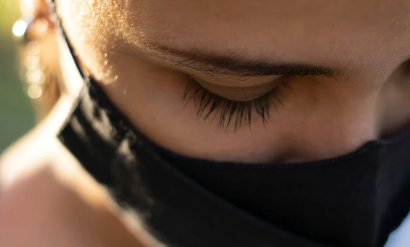 close up of woman wearing black cloth covering face