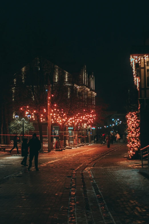 people walking on the street at night in front of trees