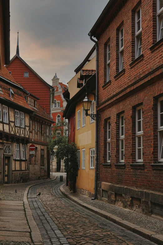 old buildings and cobblestone street in an urban setting