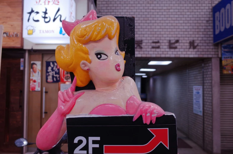 a small plastic figurine with pink dress and lipstick on her face, sitting outside a store window