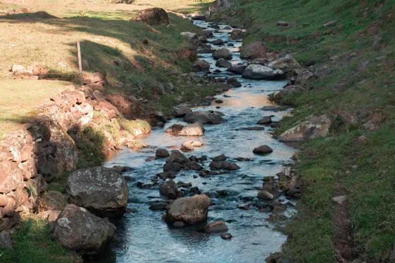 a small stream surrounded by rocky formations in a pasture