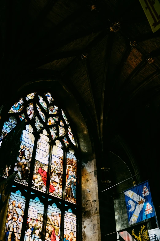 an elegant stained glass window of an old church