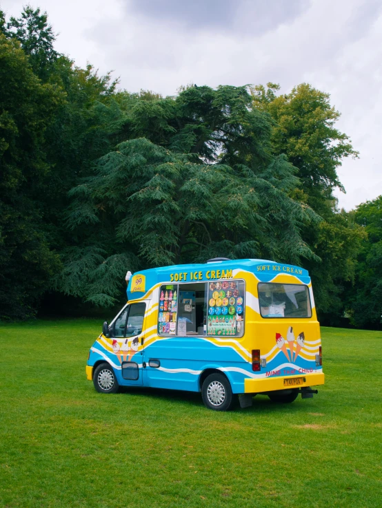 a blue and yellow truck is sitting in the grass