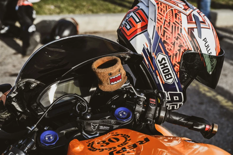 the helmet is open on a motorcycle, in a close up picture