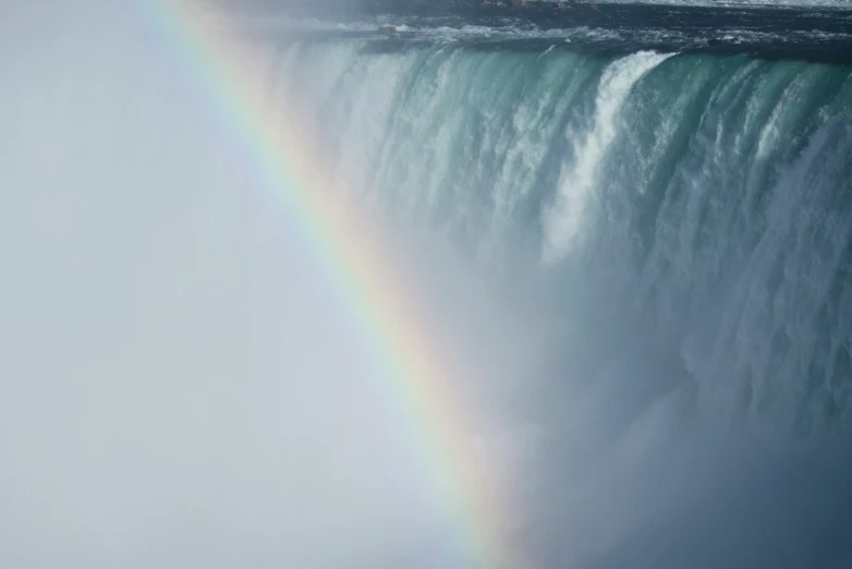 a beautiful rainbow shines in the sky above a waterfall